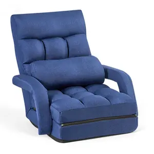 VEVOR Floor Chair, 5 Adjustable Positions Folding Floor Gaming Chair with Back Support, Armrests, and Cushion, Sturdy Metal Frame with Recycled Foam and Linen Fabric, for Reading, Relaxing, Dark Blue