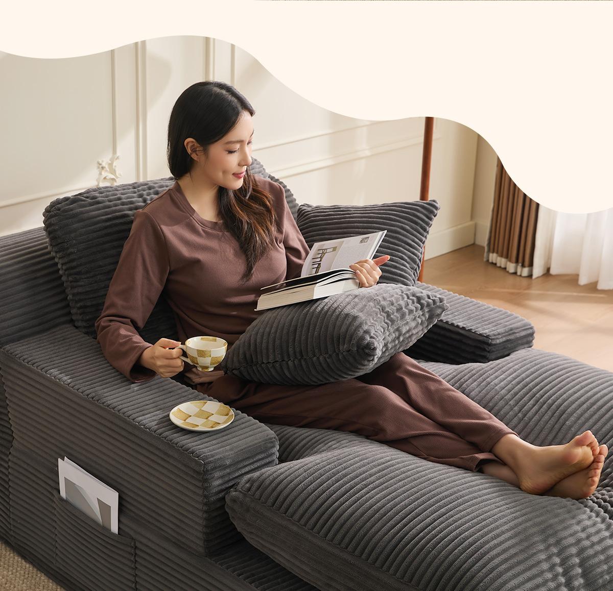 AFUSON 62" Oversized Boneless Chaise Lounge Chair, Extra Cloud Layer, Convertible Sleeper Sofa Couch with Removable Pillows & Side Pockets, Corduroy Upholstered Sofa Bed with Armrests for Living Room,sofa bed,Camel,couch bed,bean bag chair,couches