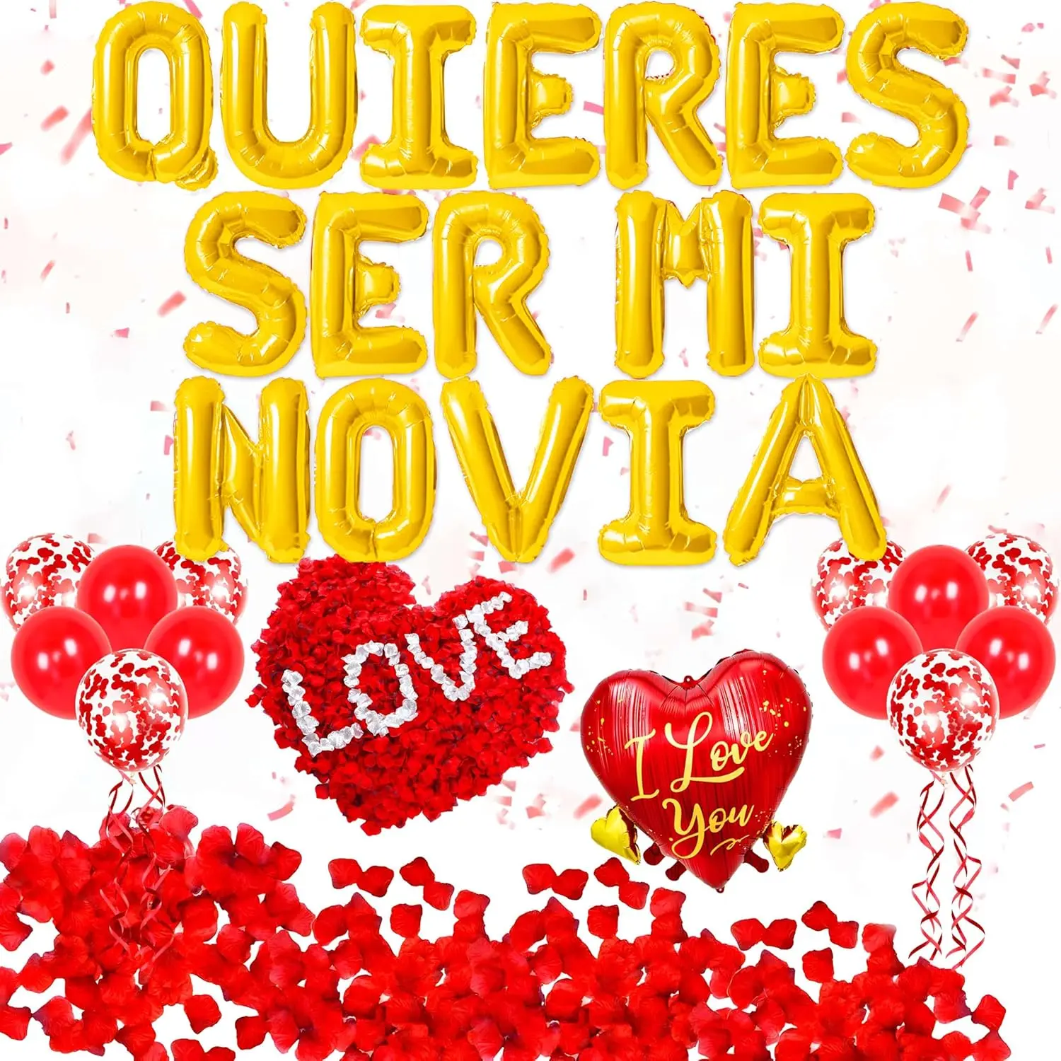 QUIERES SER MI NOVIA BALLOONS - 16" Inch Alphabet Letters Foil Mylar Balloon, Quieres Ser Mi Novia Balloons Spanish with 500 Artificial Rose for Valentines Anniversary Day Banner Decorations