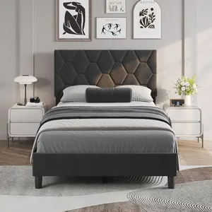Garvee TWIN Bed Frame with Upholstered Headboard Platform Bed FrameWooden Slats Support and Mattress Foundation, No Box Spring Needed,Easy Assembly, Noise Free, Gray