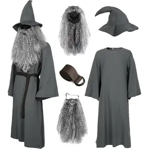 Deluxe 5 Pcs Wizard Costume for Adults Grey Wizard Robe with Wizards Hat, Belt, Wig & Beard Halloween Costumes For Men