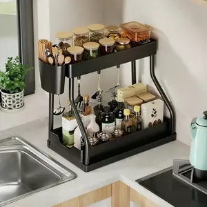 Under Sink Organizer 2 Tier Sliding Cabinet Organizer – L-Shape Pull Out Drawer Storage Rack, Height Adjustable Under Sink Storage with Hooks for Kitchen & Bathroom, Space Saving Narrow Shelf, Multi-Purpose Cabinet Organizer, Home Essential Must-Have