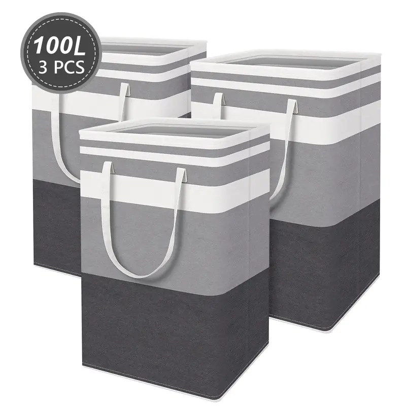 Large Laundry Bag Waterproof Collapsible Tall Clothes Hamper with Extended Handles for Clothes Toys in Dorm and Family 100L 3 PCS