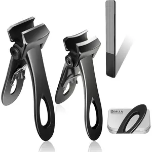 Toenail Clippers for Thick Toenails, Long Handle Wide Jaw Opening Nail Clippers for Adult, Men, Seniors, Extra Large Heavy Duty Toenail Clippers for Fingernail & (4pcs_Curved_Straight_Black)