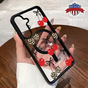 Magnetic Phone Case Compatible with Galaxy S23 Ultra S24 Plus FE S25 S22+ Leopard Cherry Pattern Transparent Acrylic Back TPU Edges Drop-Proof Lightweight Cover