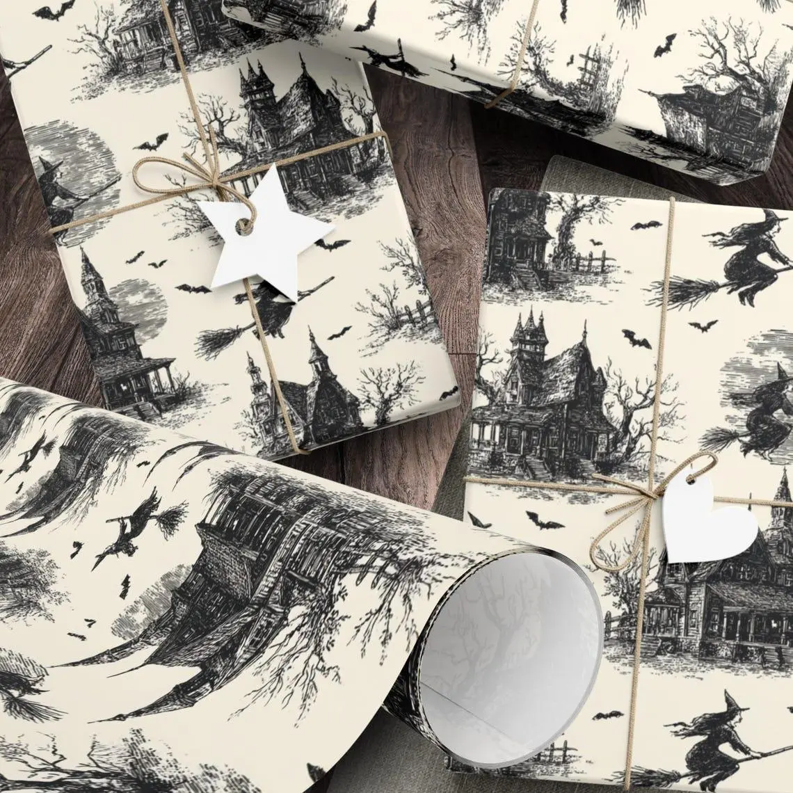 Halloween Gift Wrap Paper, Spooky Haunted Houses Black and Cream Wrapping Paper, Witch Moon Bat Wrapping Roll, Halloween Packaging