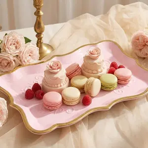 10 Pink Rectangle Trays with Gold Rim Border for Elegant Dessert Table Serving Parties 9" X 13" Heavy Duty Disposable Paper Cardboard for Platters, Cupcake Display, Birthday Party, Weddings Food Safe