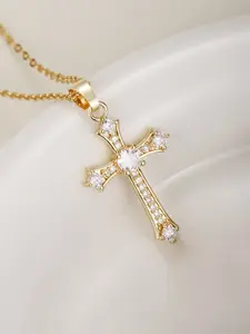 Women's Zircon Jesus Cross Necklace, Preppy Style Jewelry for Daily Wear & Special Occasions, Elegant Ladies' Accessory, Cross Pendant Jewelry