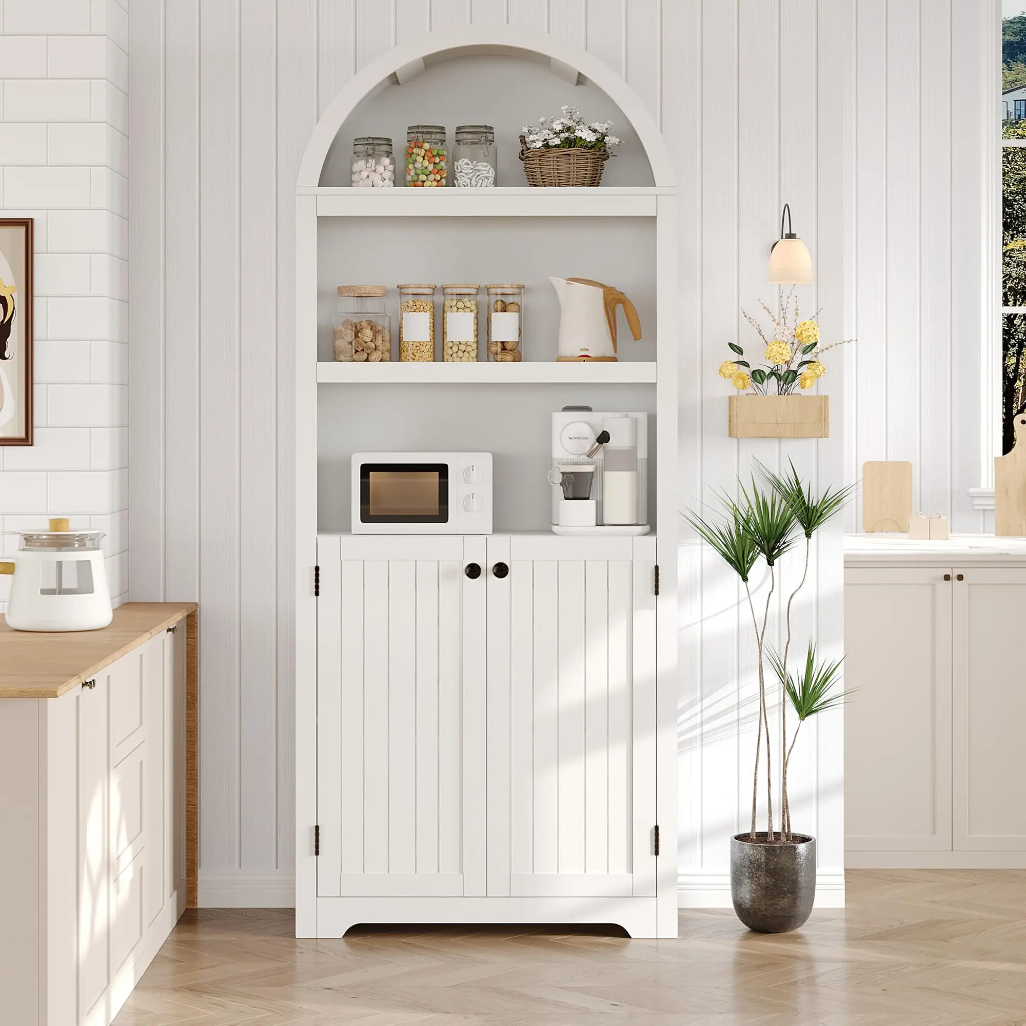 Garvee Elegant Tall Arched Bookcase Cabinet – 5 Adjustable Shelves, Double Doors, Free-Standing Storage Shelf for Living Room, Dining Room, Kitchen, Home Office – Natural Wood, Gold Handles