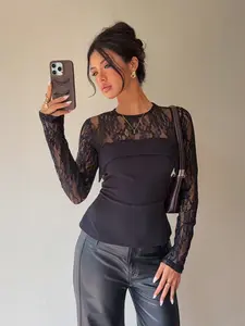 Women's Lace Patchwork Semi-Transparent Shirt, Fall Winter Lace Top, Transparent Mesh Blouse, Stylish Casual Wear