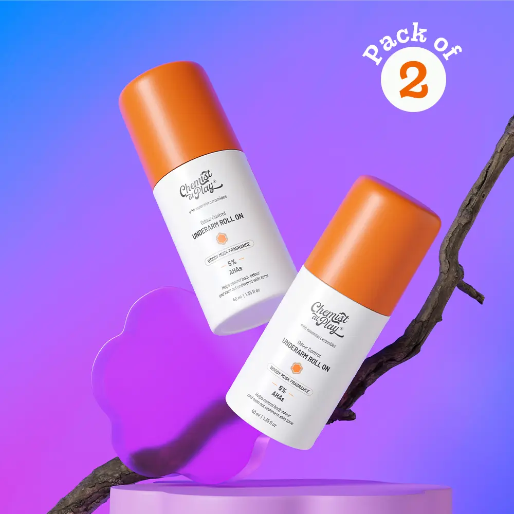 Woody Musk Underarm Roll On for Odour Control & Pigmentation | Brighter & Fresher Underarms | 5% AHAs for Gentle Exfoliation - Pack of 2-1.35 fl oz