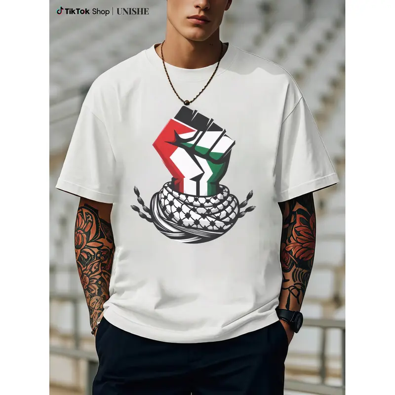 Men's 100% Cotton Classic Palestinian Flag Graphic Print Tshirt - Short Sleeve, Crew Neck, Unisex Classic Fit, Fitted Cut, Fade-Resistant, Bold Color Lock, Machine Washable, Casual, All Seasons Wear