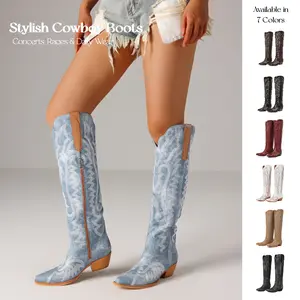 Trendy Coastal Cowgirl Western Boots Vintage Denim Embroidery Chunky Heel All Day Comfort For Summer Daily Wear