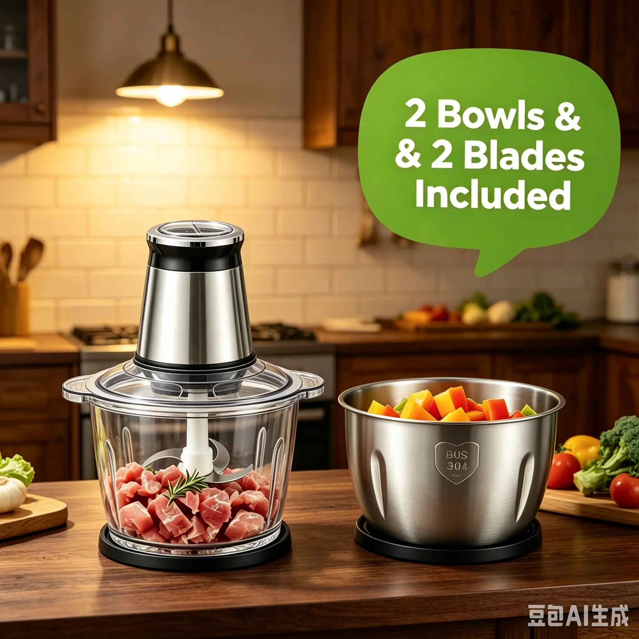 300W Electric Food Chopper with 2 304 Stainless Steel Bowls & 2 Blades, Easy-to-Clean Kitchen Food Processor for Meat, Vegetables, Fruits