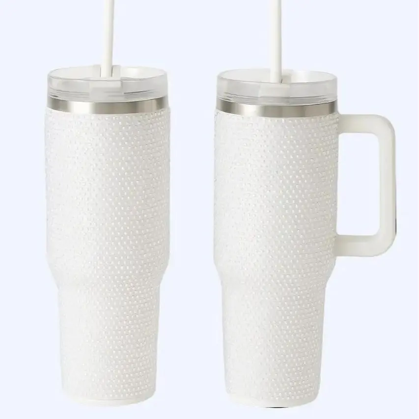 THIRSTEE 2-Pack 40oz Rhinestone Tumblers Insulated Stainless Steel Travel Cups with Handle & Straw Sparkle & Sip Beverage Drinkware Flasks