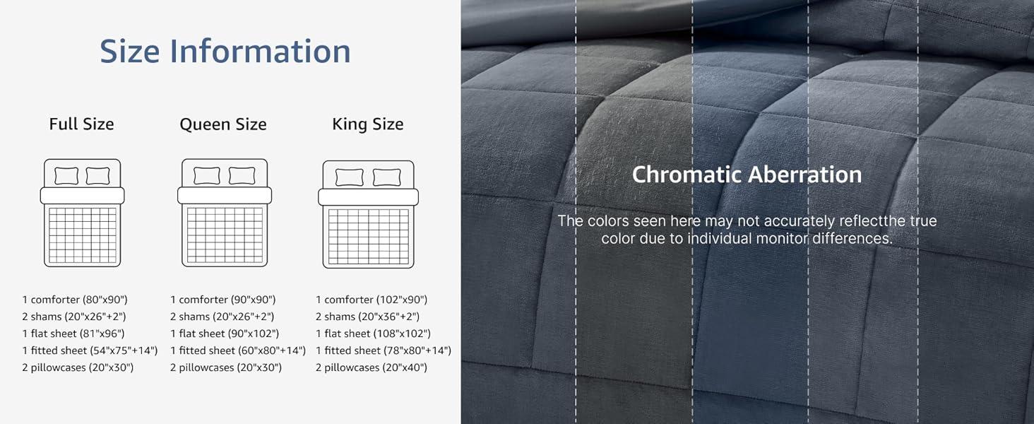 Plush Queen Comforter Set Blue Grey, Flannel Velvet Comforter Sets 7 Pieces Bed in a Bag, Soft Warm Winter Bedding Set with Sheets, Pillowcases & Shams