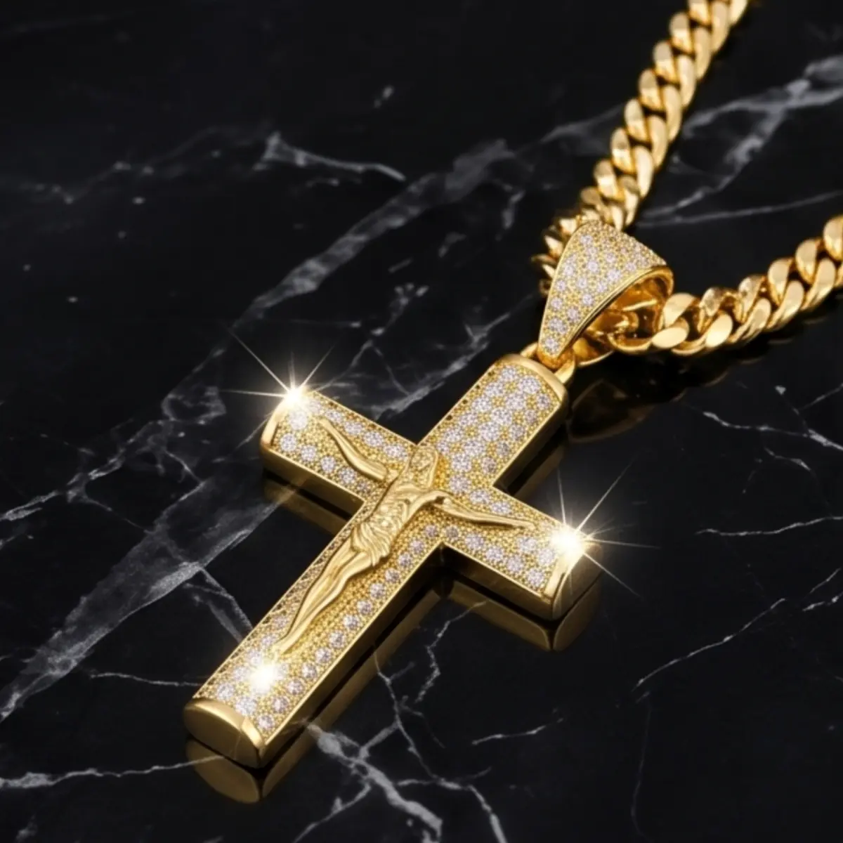14K Real Gold-Plated Cross Necklace for Men,Tarnish-Free Cuban link chain Figaro Rope Miami Chains with Jesus Crucifix Pendant, 24” Long , Christian Religious Jewelry Gift,chain men