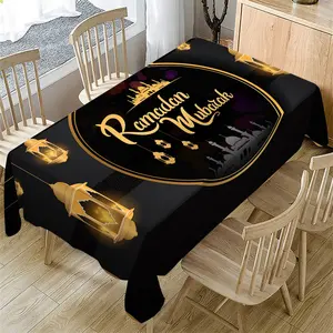 Ramadan Theme Tablecloth, New Moon Temple Gold Lamp Vintage Pattern Washable Tablecloth, Picnic Table Cover, Holiday Kitchen Dining Decor, Family Gathering Decoration