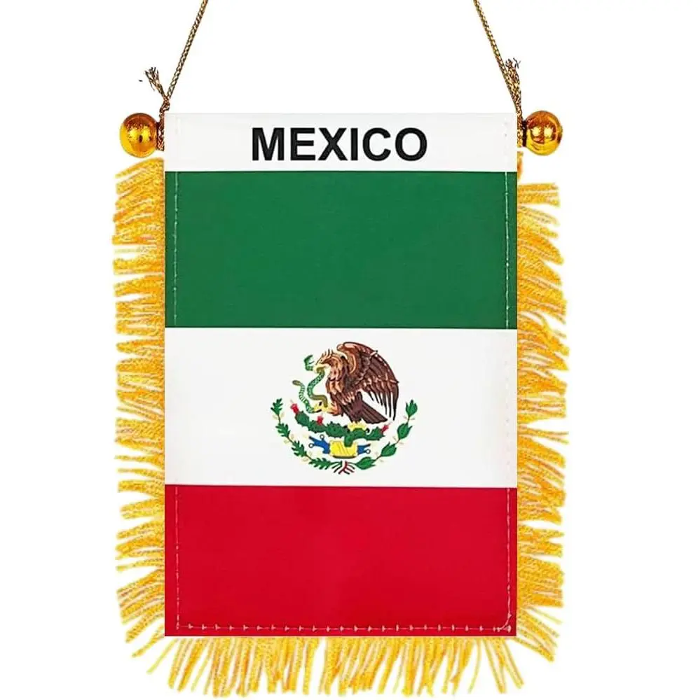 2 Pack-Mexico Fringy Window Hanging Flag - Small Mini Mexican Flag Banner for Car Rearview Mirror Décor - Fringed - Mexican Hanging Flag with Suction Cup & Fringy-4x6 ''