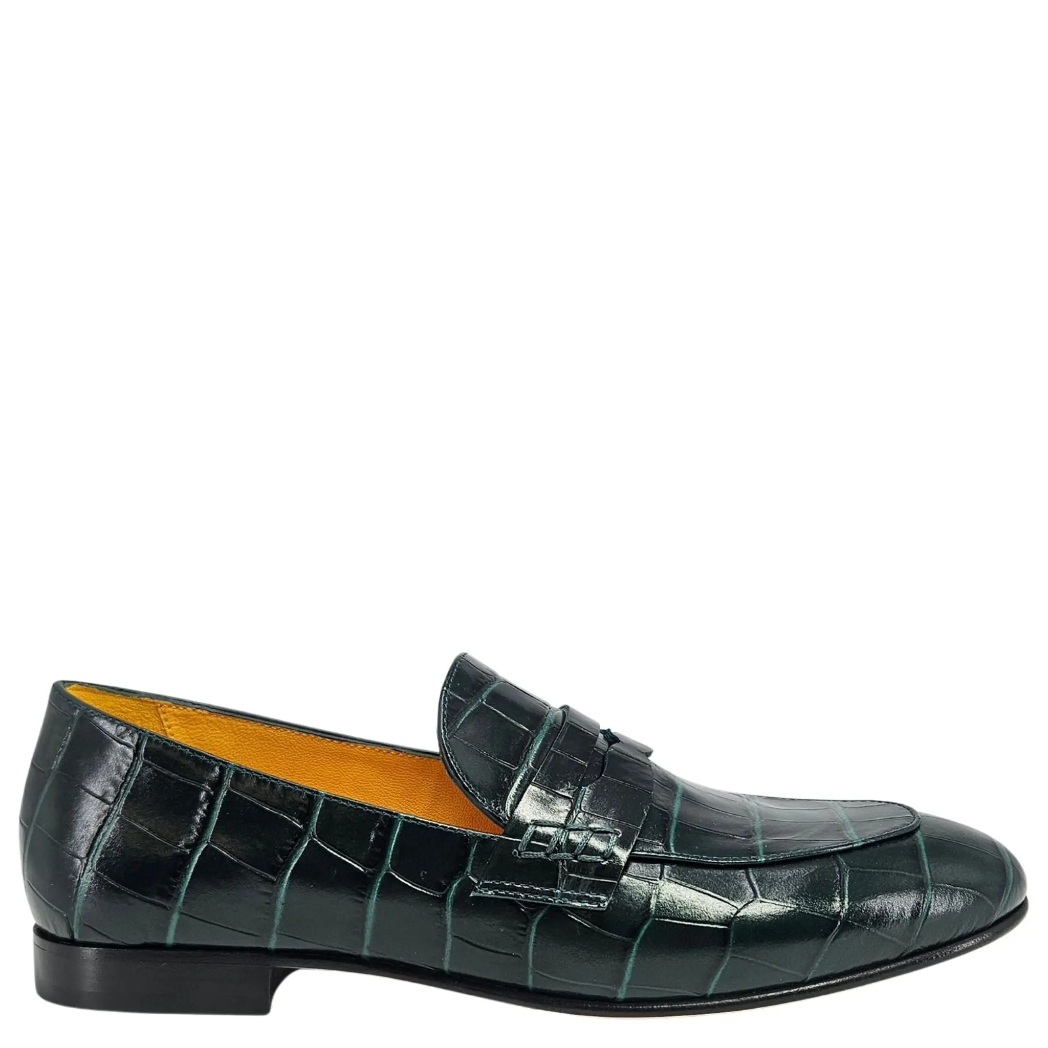 Green Leather Flat Moc Croc Loafer