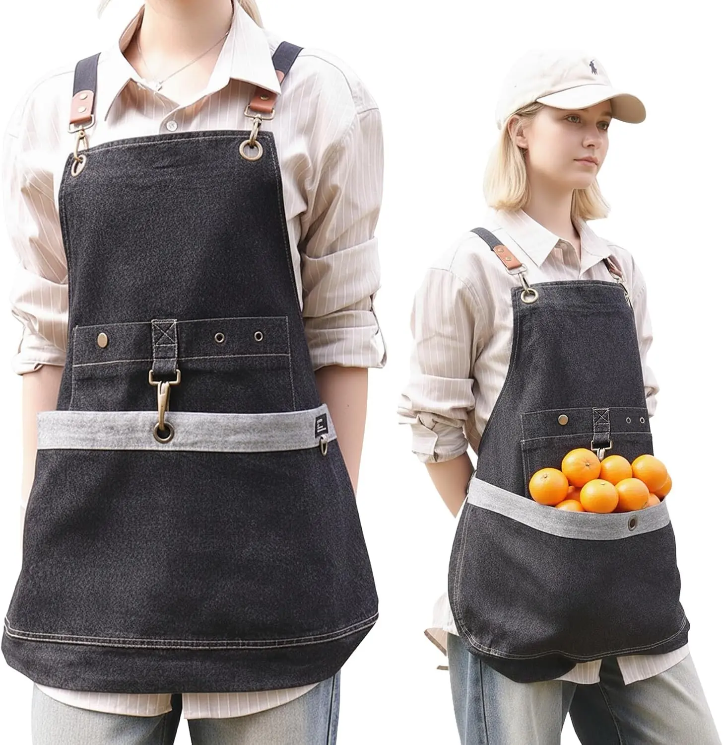 Denim Cross Back Gardening Apron with Adjustable Straps & Pockets Heavy-duty denim; large front pockets; tool storage; cross-back straps; indoor & outdoor use; gardening and home tasks