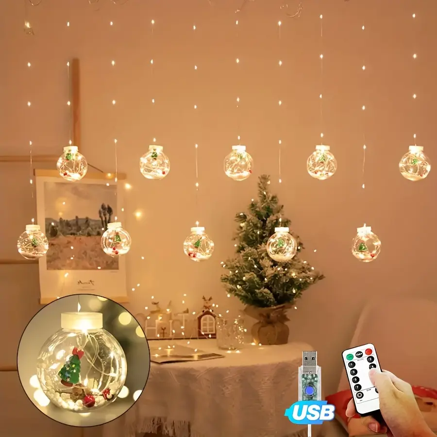 Contemporary USB Christmas Ball Lights - 1 Set of 10, 3.5m Length, Remote Control, 11 Festive Lighting Modes, Ideal for Christmas Gatherings, Home & Party Decorations