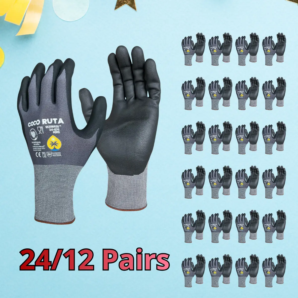 24 Pairs COCO RUTA Gloves  34-874 Safety Gloves | Guantes Para Trabajo - Maxi Flex Gloves For Men Nitrile Micro Foam Grip Palm Comfortable Fit Construction Gear