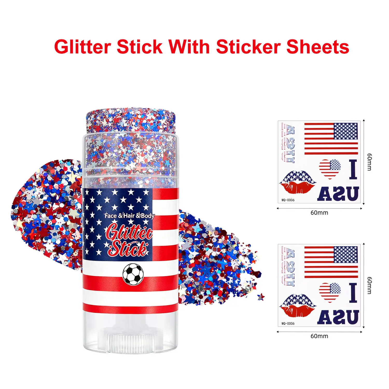 U.S.A. Soccer 4th of July Glitter Stick - Festive Party Supply for Makeup, Hair Styling, Sparkle on Hair, Face, Body, Fun Accent for Festivals and Parades, Sparkle For Hair, Face, Body