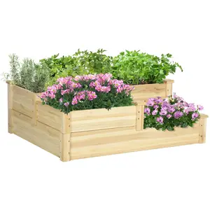 Outsunny 3-Tier Rustic Wooden Raised Garden Bed, Elevated Planting Box with Open Bottom, Stackable Vegetable Planter for Growing Vegetables, Herbs, 42.5" x 34.75" x 14.25", Natural, Elevated Planting Boxes, Rustic Wooden Planter