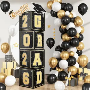 2026 Graduation Decorations, 4Pcs Graduation Boxes, So Proud of You and Class of 2026 Grad Balloon Boxes, Black Gold Congrats Box for College, High School, Prom Party Supplies
