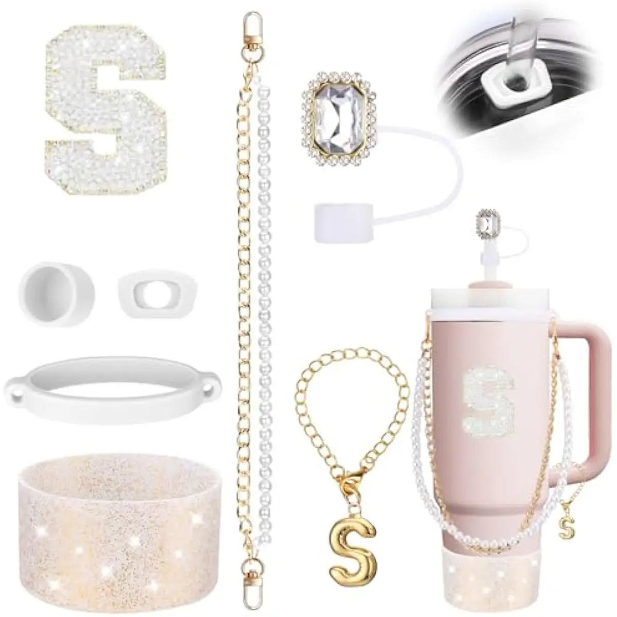 8PCS White Cup Accessories for Stanley Cup 30oz 40oz Tumbler with Handle - Includes Waterproof Sticker,Handle Strap, Straw Topper and Boot,Spill Proof Stopper,Letter Charms Gift