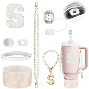 8PCS White Cup Accessories for Stanley Cup 30oz 40oz Tumbler with Handle - Includes Waterproof Sticker,Handle Strap, Straw Topper and Boot,Spill Proof Stopper,Letter Charms Gift
