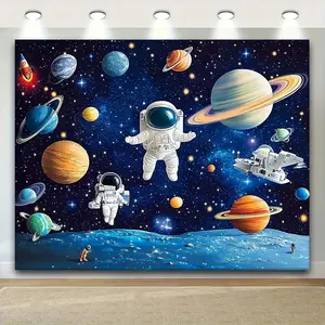 1pc 2D Flat Multifunctional studio background Cosmic Planet Star Galaxy Astronaut Rocket Background, 100%, Perfect for Party photo backdrop, birthday banner decorations, shower photo booth studio pro White
