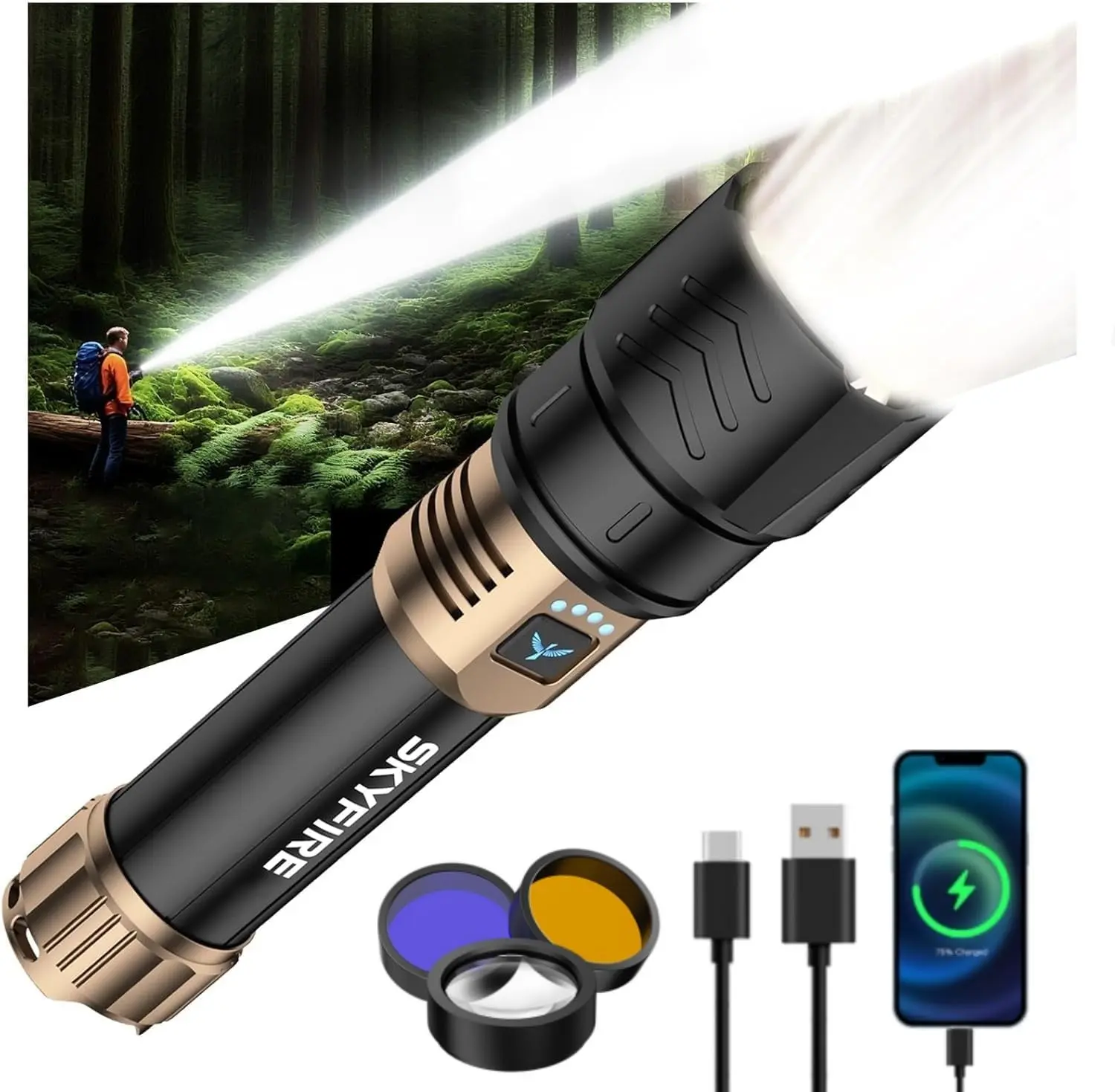 SKYFIRE Model 1097 LED Flashlight - Super Bright USB Rechargeable Torch, Adjustable Zoom, 4 Modes, Ignition Lens, Adjustable Waterproof Durable Tactical Light for Camping, Home & Gifts, Adjustable Waterproof Flashlight, Usb Rechargeable Flashlight