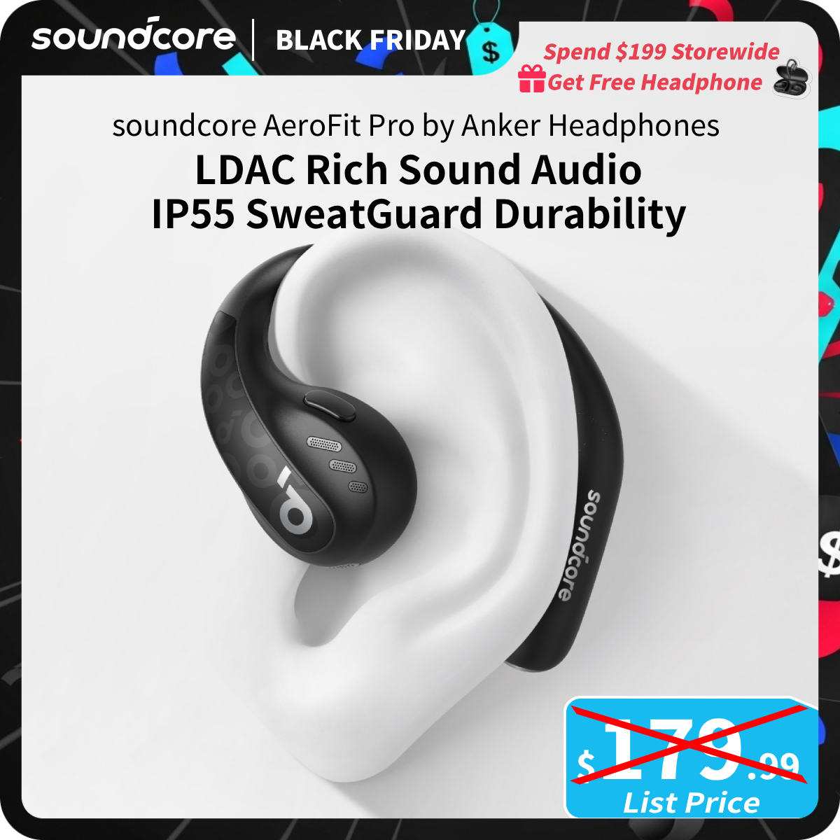 [TikTokShopBlackFriday] soundcore by Anker AeroFit Pro Open-Ear Headphones, Ultra Comfort, Secure Fit, Ergonomic Design, Rich Sound with LDAC, Bluetoo