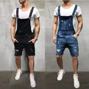 Men’s Summer Spring Clothing — Denim overalls/rompers (one-piece jeans shorts), slim fit, distressed details (holes, pockets), spliced design, new for 2025