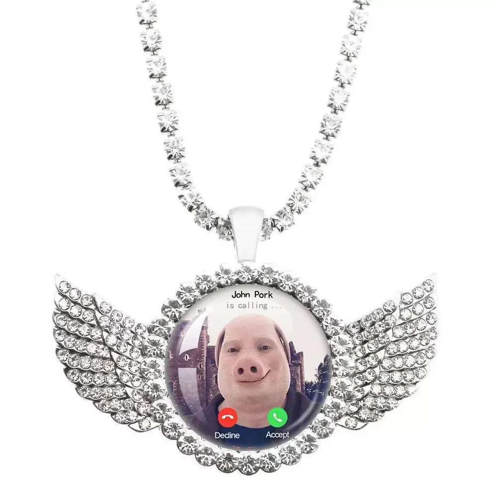 John Pork Is Calling Rhinestone Decorated Fashion Necklace - Whimsical Jewelry, Iced Out Crystal Costume Accessory, Cosplay Piece, Funny Gift for Pig Lovers, Accessories for Adults, Rhinestone Decorated Necklace, Pendant Design, Men's Jewelry, Funky Uniqu