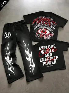 Unisex Street Style 'free Spirit' Letter & Eye Flame Print Set, Spring Summer Short Sleeve & Trendy Long Pants, Y2K Gothic Fashion Streetwear
