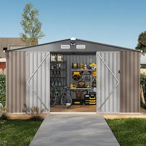 12x10 FT Outdoor Storage Shed with Windows and Solar LED Light, Large Waterproof Metal Garden Shed with Lockable Double Doors and Vented Sloped Roof for Backyard, Lawn, Patio