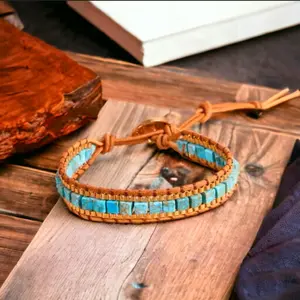 Vintage Handmade Natural Turquoise Blue Gemstone Copper Bead Leather Braided Healing Reiki Bangle Cuff Bracelet, Semiprecious Stone Jewelry Gift
