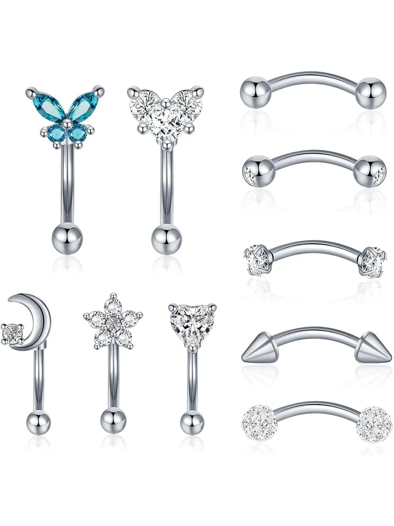 Star & Rhinestone Decor Eyebrow Studs, 10pcs Curved Rod Eyebrow Piercing Jewelry for Women & Men, Stainless Steel Body Jewelry for Party, Daily Decor, Geometric Style