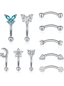 Star & Rhinestone Decor Eyebrow Studs, 10pcs Curved Rod Eyebrow Piercing Jewelry for Women & Men, Stainless Steel Body Jewelry for Party, Daily Decor