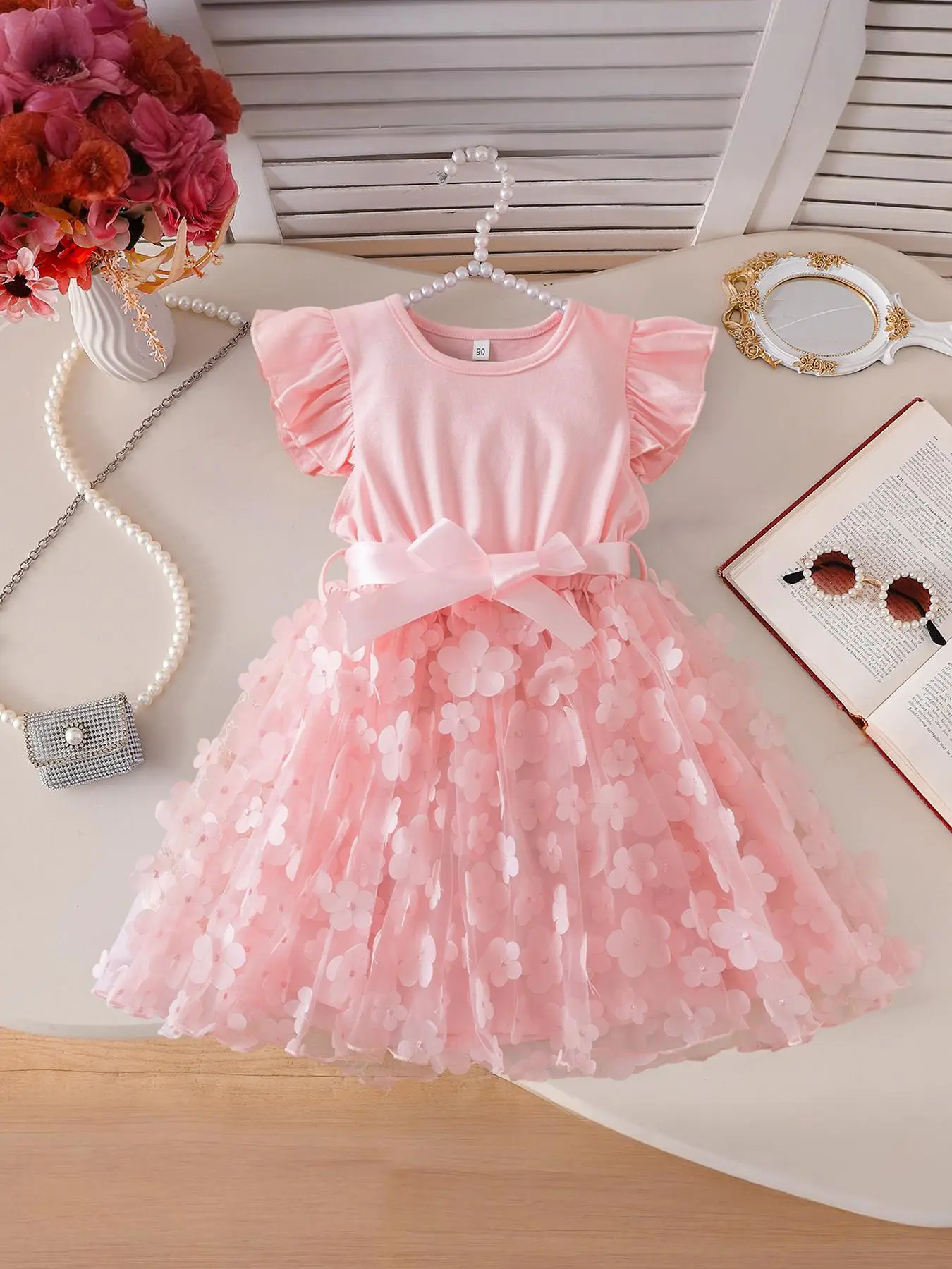 Girl's Floral Appliques Belted Tulle Dress, Cute Butterfly Sleeve Round Neck A Line Dress for Party Wedding Guest, Kids Summer Clothes