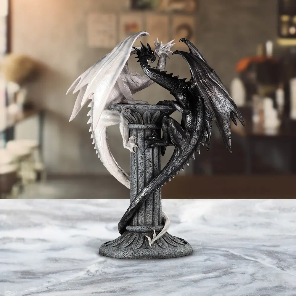 19.5"H Medieval Black and White Dragons Statue Fantasy Decoration Figurine Large Sculpture