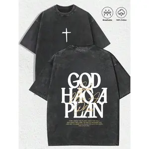 Washed T-shirt Retro Washed T-Shirt Double Sided Printed (230 Pure Cotton T-Shirt) 'GOD HAS A PLAN'  Letter Print, Men's T-Shirt, Men's Casual, Comfortable, Fashionable T-Shirt, Street Style Cotton washed pure cotton Streetwear Crewneck