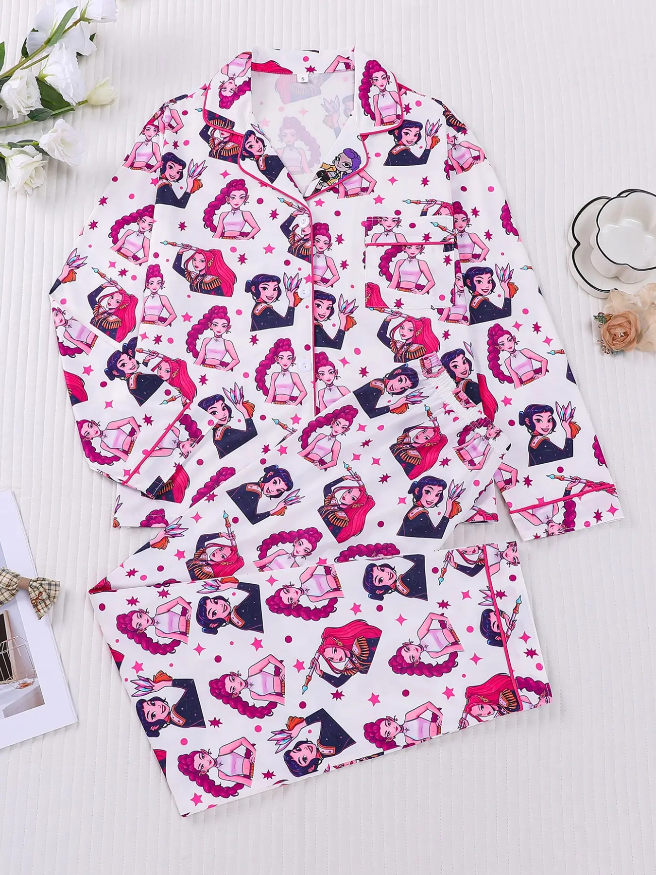 Women's K-Pop Hunter Girl Group Printed Pajama Set, Long Sleeve Top & Pants, All Seasons Casual Fitted Homewear Loungewear