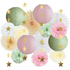 Sage Green & Pink Party Decorations - Paper Lanterns Pink Gold Tissue Paper Pom Poms Gold Star Garland for Baby Shower Bridal Shower Birthday Wedding Engagement