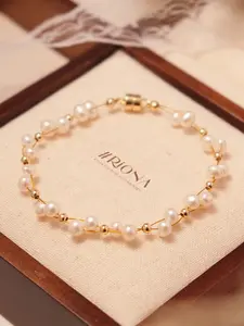 Natural Freshwater Pearl Beaded Bracelet for Women | Dainty Gold Bead Accent | Magnetic Clasp Minimalist Luxury Small-Batch Elegant Jewelry