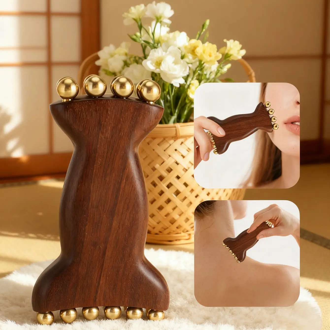 1pc Sandalwood Facial Beauty Massage Tool, Dual Head Copper Beads, Face and Head Circulation Massager, Muscle Relaxation Gadget, Scalp Stimulator, Muscle Roller Stick, Relaxation Aid, Facial Beauty Massagers