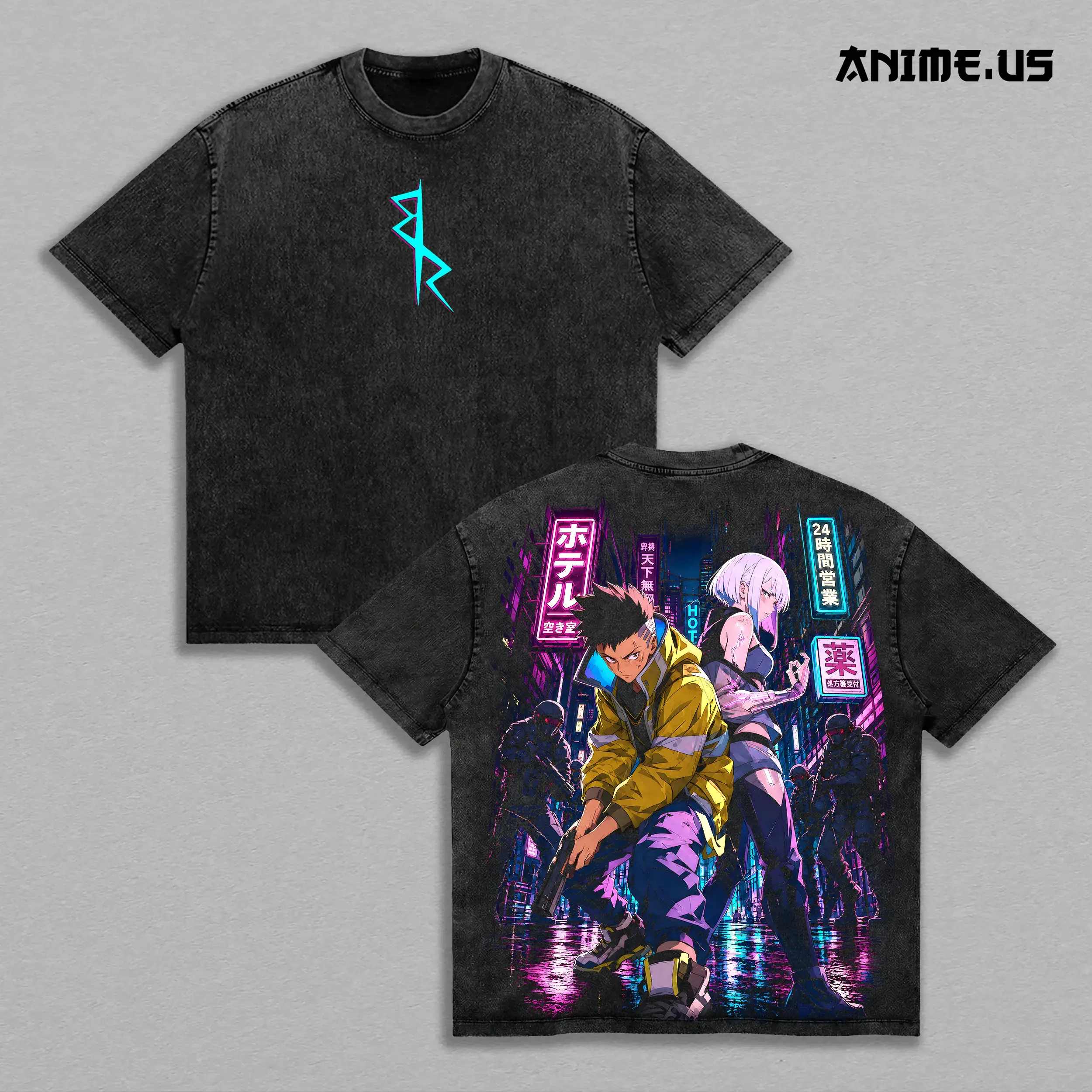 David Martinez Lucy Cyberpunk Edgerunners Night City Mercenary Anime Graphic Vintage Shirt, Neon Rebel Cyberpunk Duo Double Printed Tee Heavyweight Cotton Streetwear